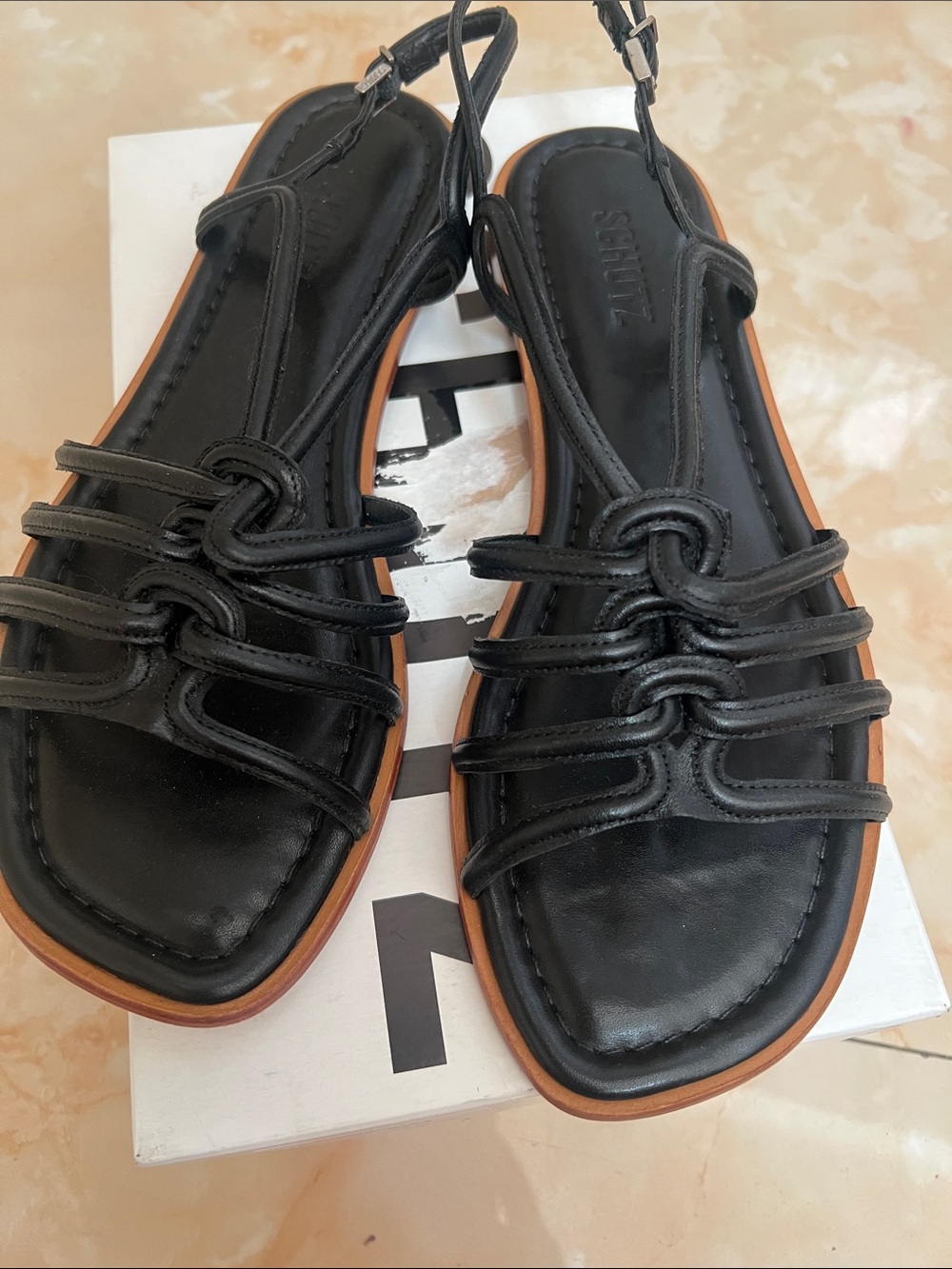 SCHUTZ Black Strappy Knot Sandals with Tan Trim